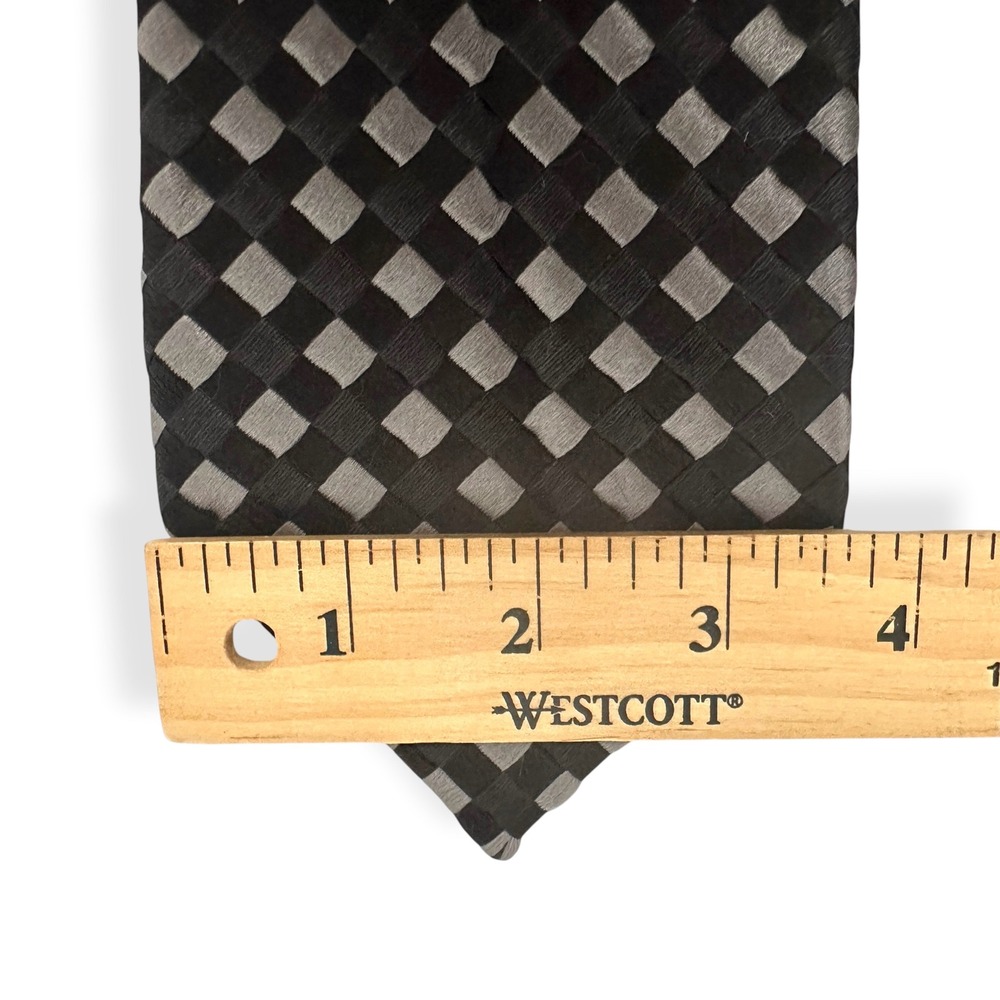 Yves Saint Laurent Rive Tie Silk Black Silver Checkered Textured Designer Men OS - Picture 4 of 7
